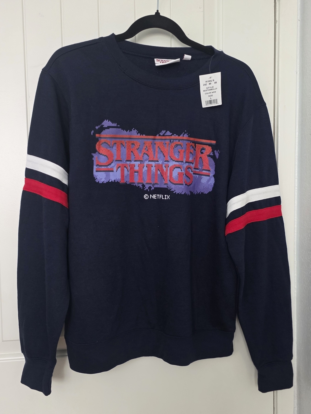 Netflix Navy Crewneck Sweatshirt with Red, Purple and White Graphics